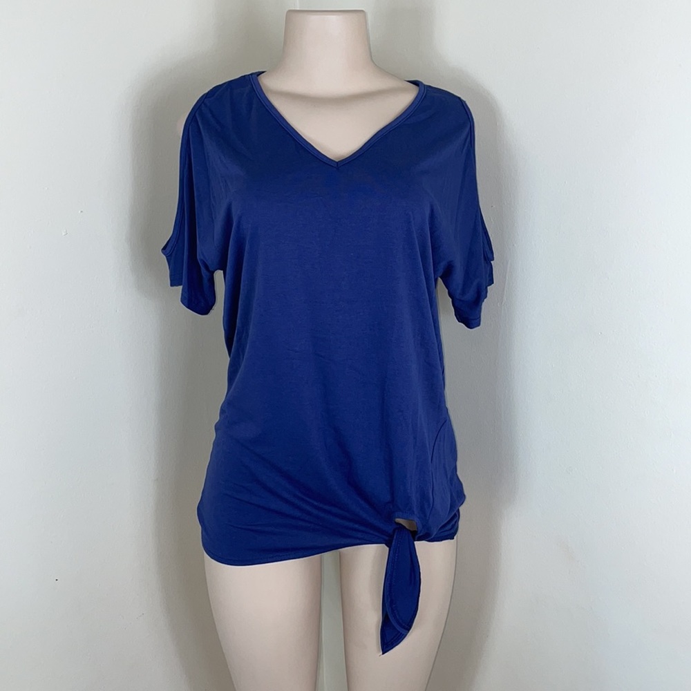 Blue Cold Shoulder Knot Tie Front Oversized TShirt